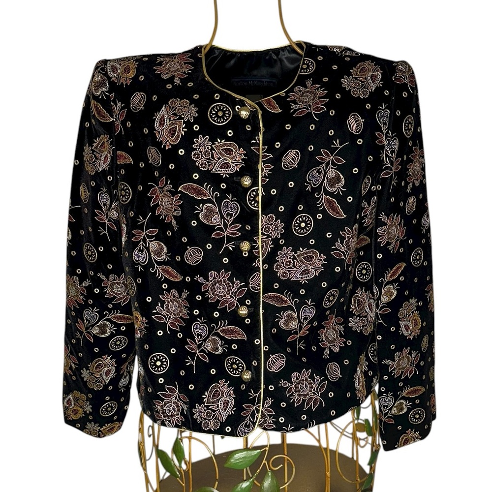 Norton McNaughton Formal Jacket Size 10 Black Velvet Floral Embroidery Vintage